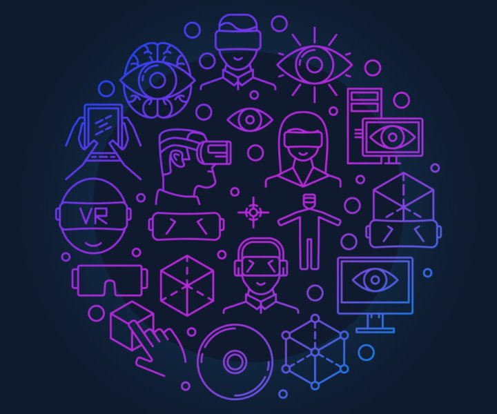 Bright VR round symbol - vector virtual reality circle illustration made with linear VR devices icons